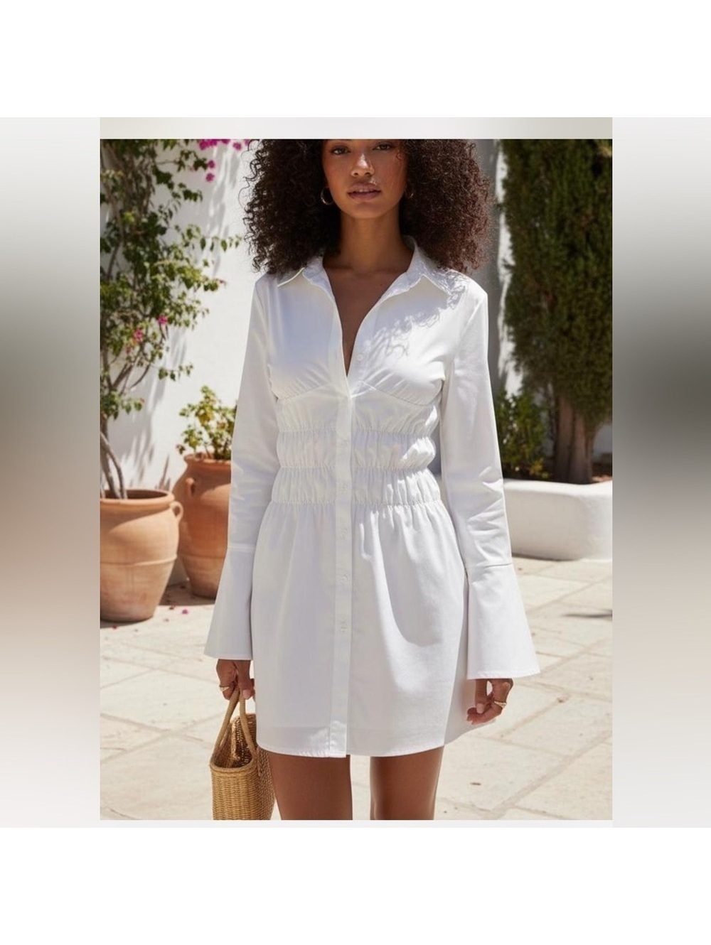 Princess Polly Stellaria Ruched Long Sleeve White Button-Up Mini Dress